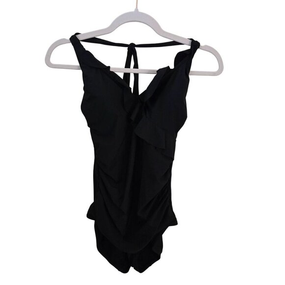 Boden Black Ruffled Halter Neckline Ruched One Piece Swimsuit Size 4 - Picture 1 of 6